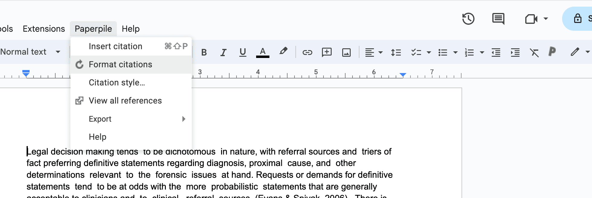 A Google Docs toolbar with the Paperpile menu open on Insert citation, Format citations, Citation style…, View all references, Export and Help, and the Paperpile button visible at the right of the toolbar.